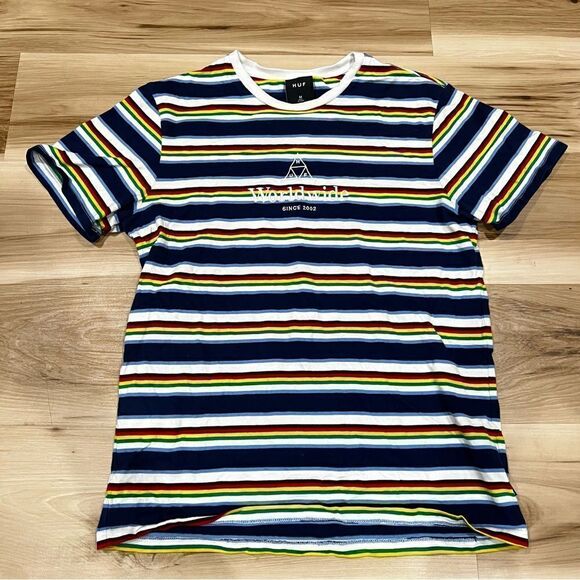 Huf Worldwide Rainbow Striped Short Sleeve Tee Shirt Men’s Medium - Picture 1 of 3